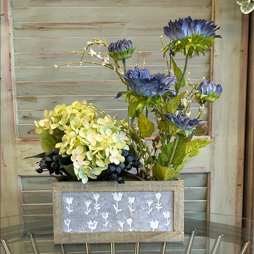 Rustic Faux Floral Arrangement with Blue and Green Blooms
